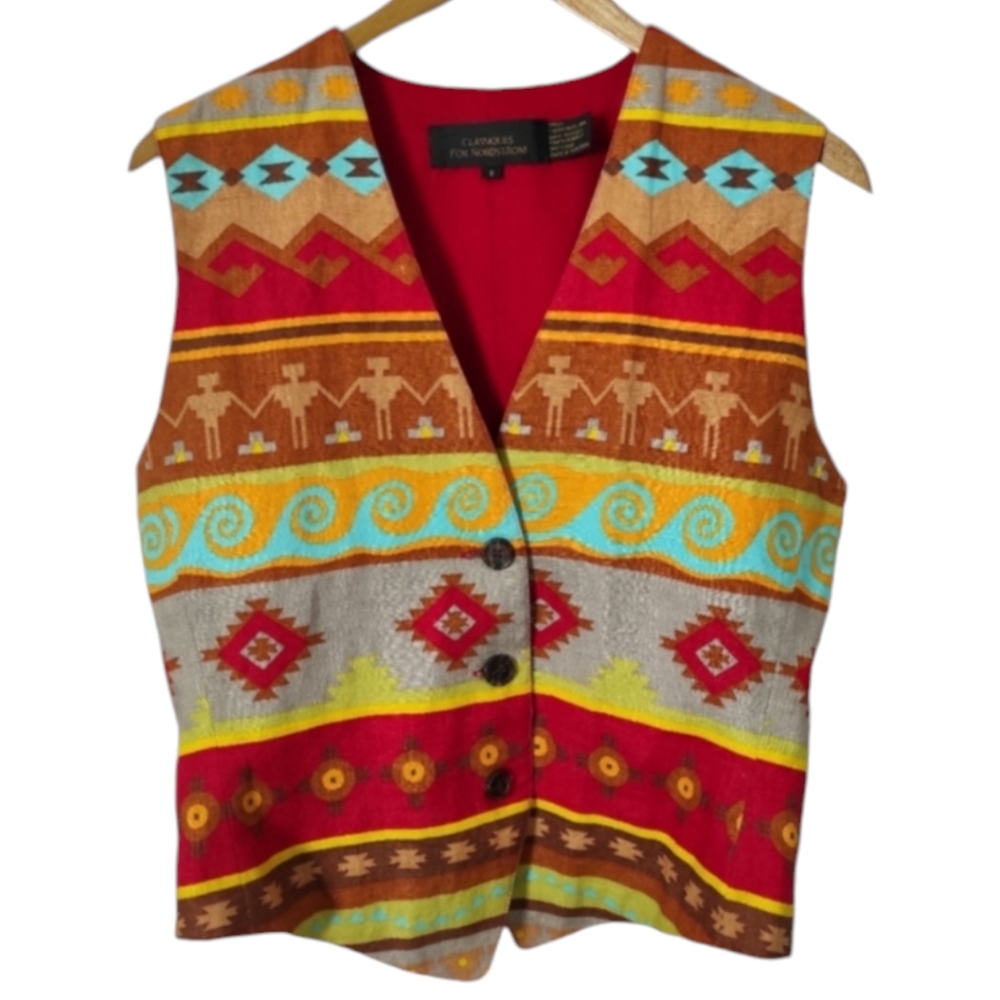 Vintage Nordstrom Silk Linen Southwest Art Print Button Front Vest Small